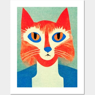 Rockstar Cat Retro Poster Vintage Art Cat Wall Blue Pink Illustration Posters and Art